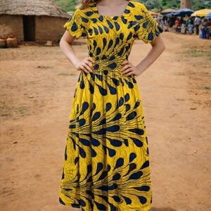 African Stars Yellow and Blue Patterned Women's Dress